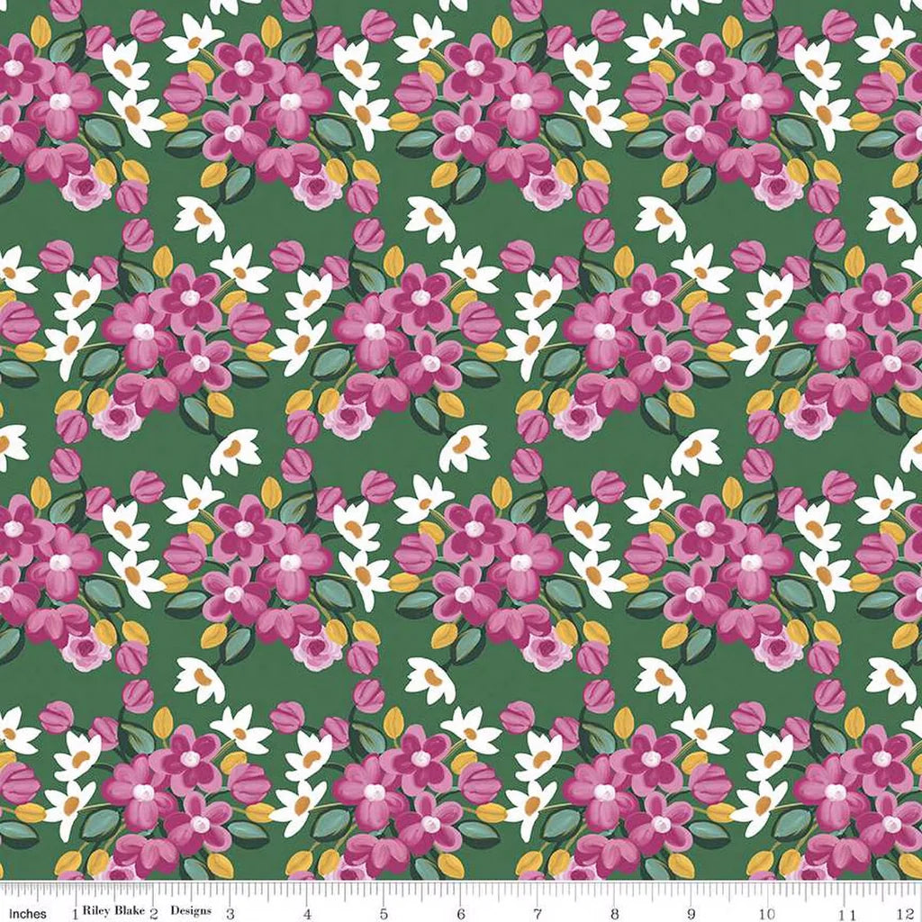 (1.5 yd) Riley Blake Morning Meadow C15942 Green Flower Bunches