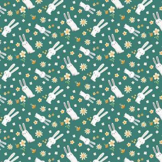 (3 yd) Benartex In The Woods Meadow Bunny Teal 13301-84
