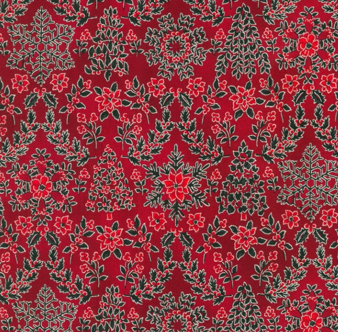 Half-Yard Bundle - Robert Kaufman "Holiday Flourish Snow Flower" Red/Silver (Metallic Accents) - 10 Fabrics, 5 Total Yards