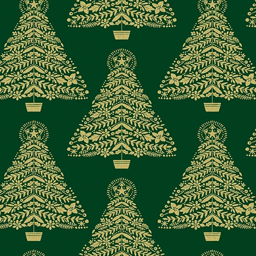 (5 yd) Benartex Holiday Sparkle Festive Trees Green 12528M-44 Metallic Accents