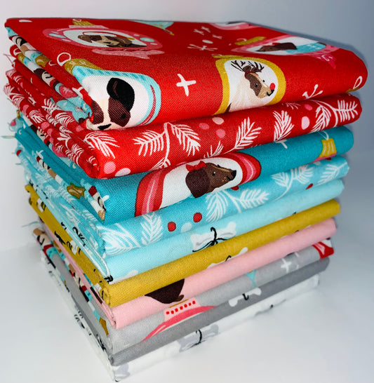Andover/Makower UK "Furry And Bright" (Dogs, Christmas/Holiday) Half-yard Bundle - 10 Fabrics, 5 Total Yards