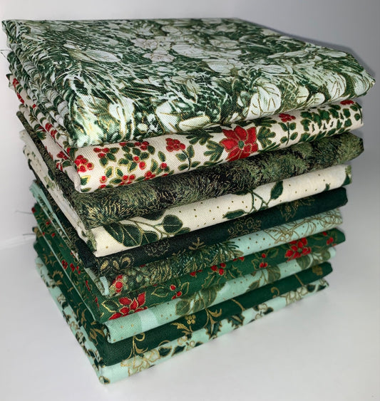 Robert Kaufman “Holiday Flourish Snow Flower” Pine/Gold Half-Yard Bundle - 10 Fabrics, 5 Total Yards