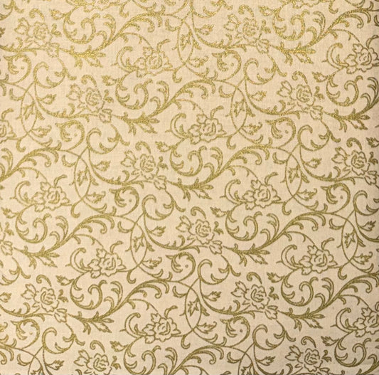 (4.5 yd) Choice Fabrics Merry Christmas Metallic 48413-M04 Gold Floral Scroll