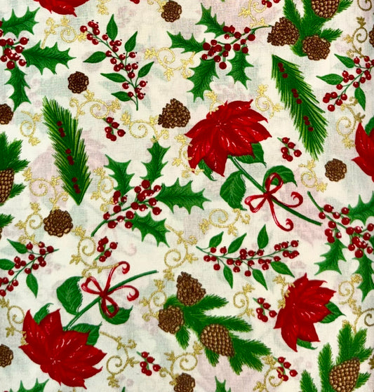 (1.5 yd) Choice Fabrics Merry Christmas Metallics Holly/Poinsettias 49684-M01