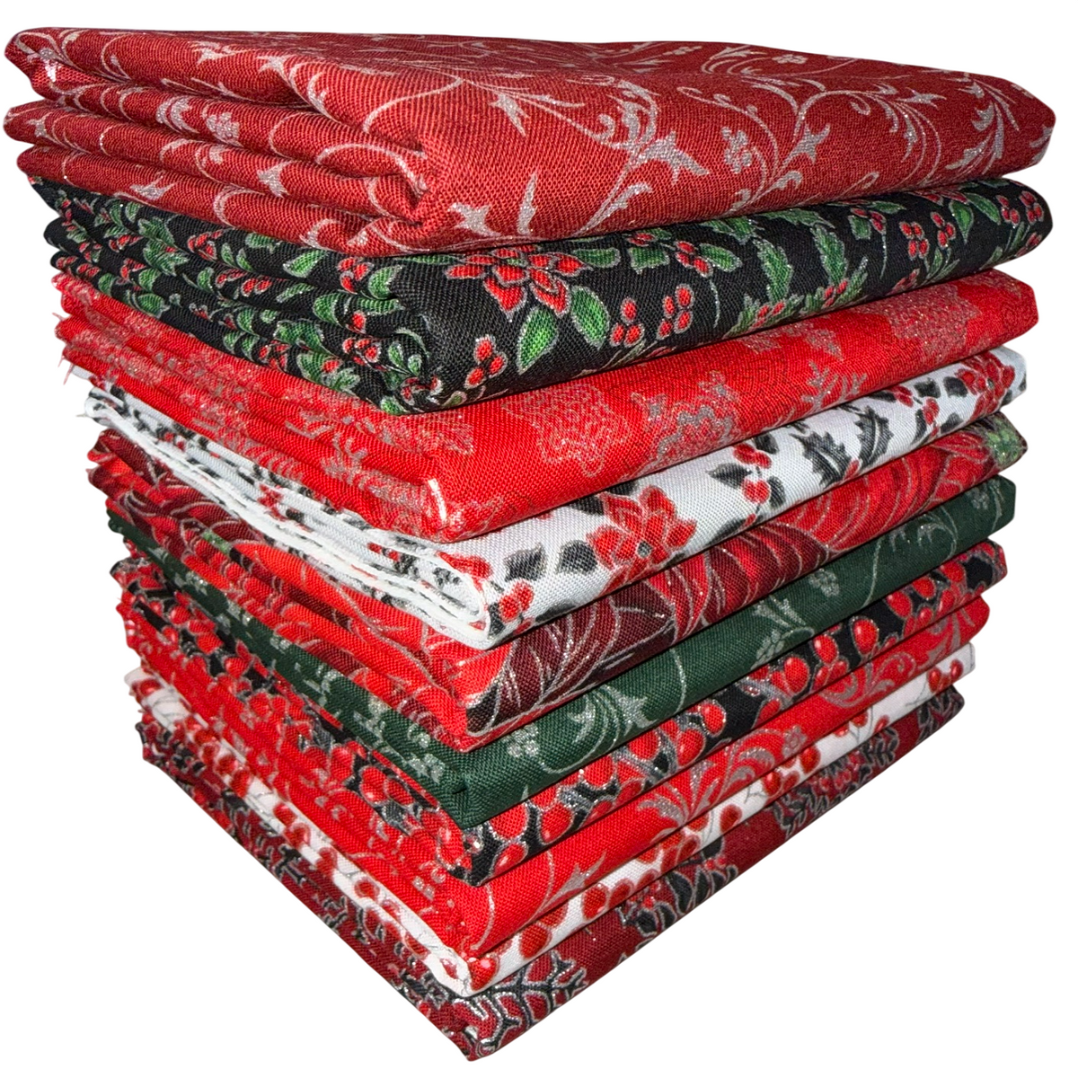 Half-Yard Bundle - Robert Kaufman "Holiday Flourish Snow Flower" Red/Silver (Metallic Accents) - 10 Fabrics, 5 Total Yards