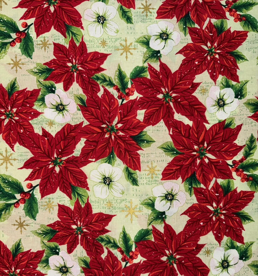(5.5 yd) Choice Merry Christmas Metallics Poinsettias 49682-A01
