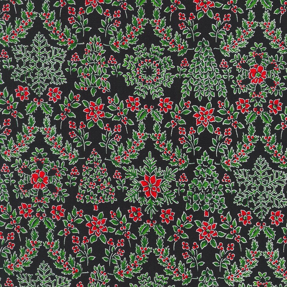 Half-Yard Bundle - Robert Kaufman "Holiday Flourish Snow Flower" Red/Silver (Metallic Accents) - 10 Fabrics, 5 Total Yards