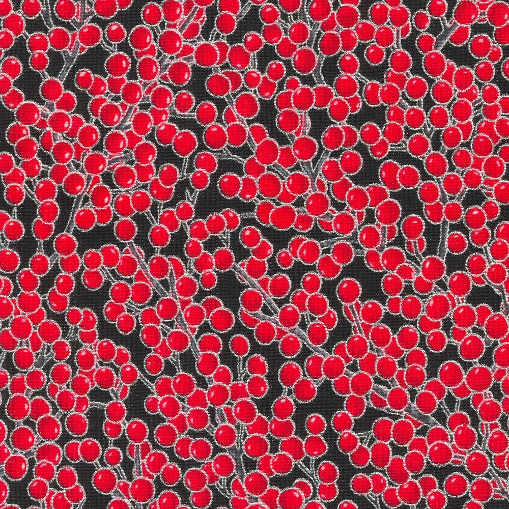 (5 yd) Robert Kaufman Holiday Flourish Snow Flower 21604-181 Onyx Berries Metallic Accents