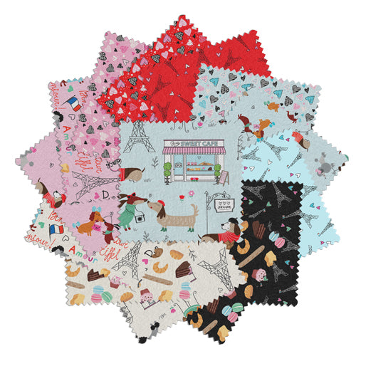 Charm Pack 5x5 Squares - Benartex Parisian Pups - 40 5" Squares