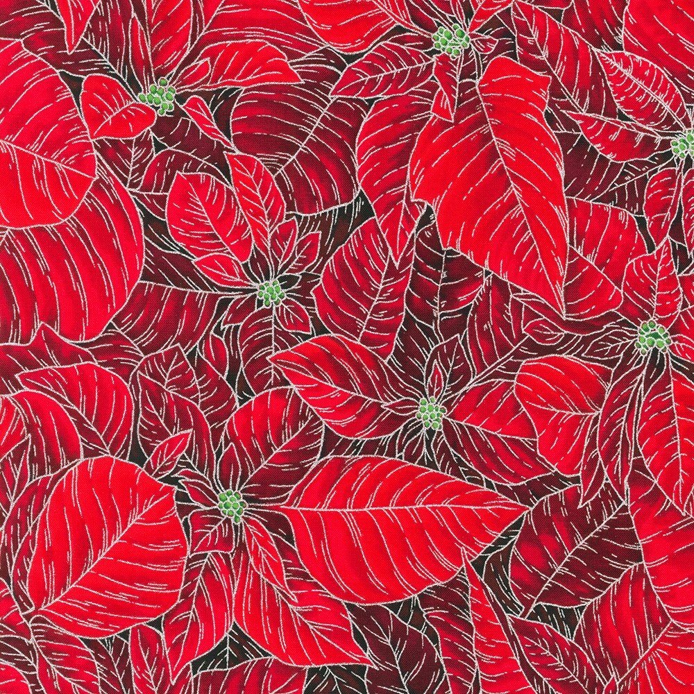 Half-Yard Bundle - Robert Kaufman "Holiday Flourish Snow Flower" Red/Silver (Metallic Accents) - 10 Fabrics, 5 Total Yards