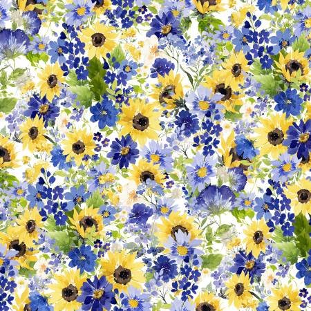 (1.5 yd) Clothworks Sunflower Bouquets Y3909-1 White