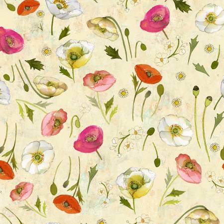 (4 yd) Clothworks Poppy Dreams 3987-57 Cream Tossed Poppies