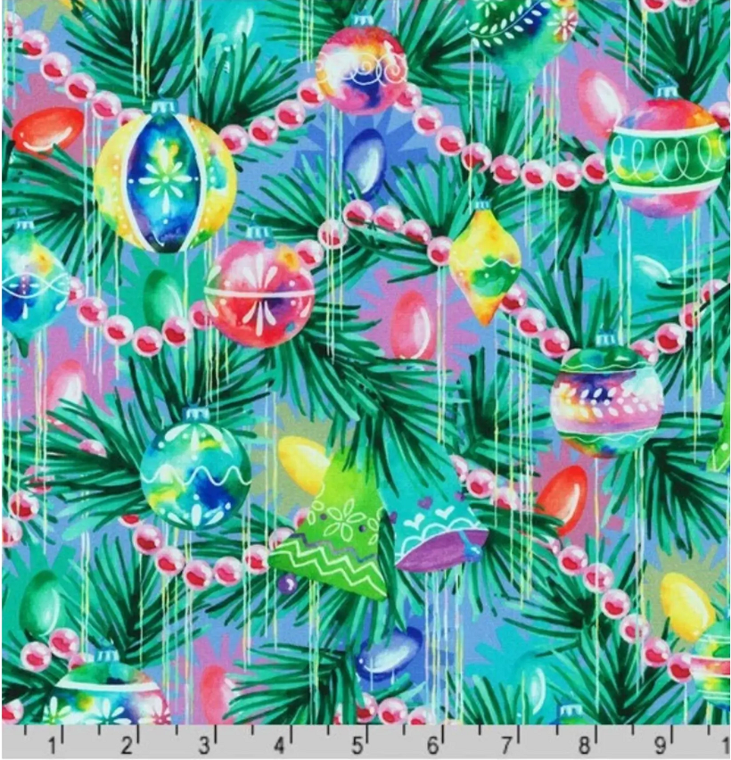 (5 yd)  Robert Kaufman Afterglow Christmas Periwinkle Ornaments AVMD-21761-61