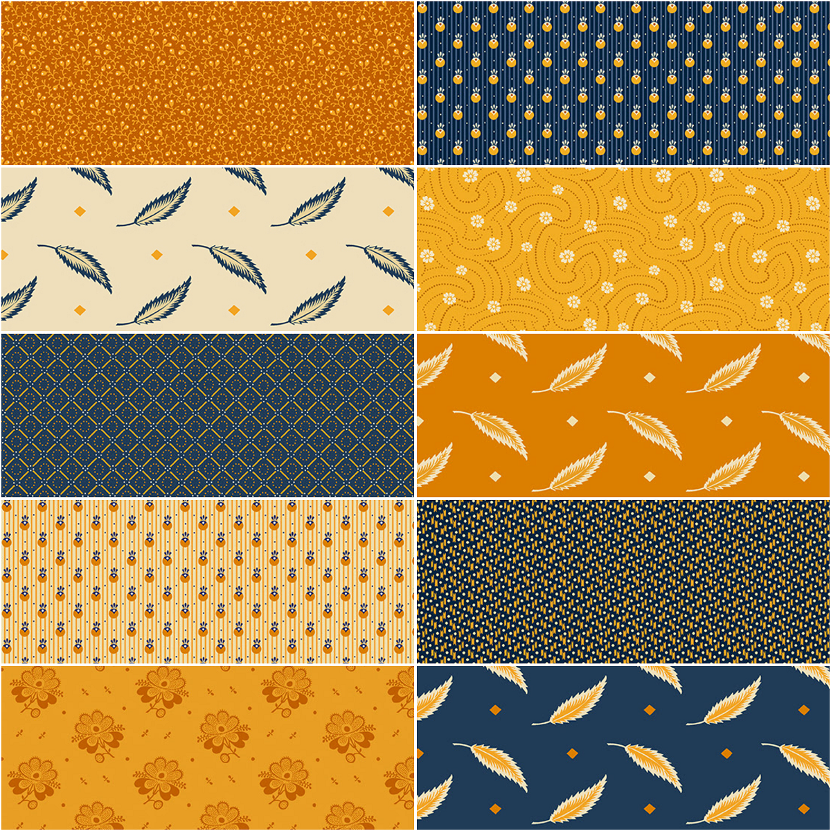 Andover/Makower UK "Indigo Cheddar II" Half-yard Bundle - 10 Fabrics, 5 Total Yards