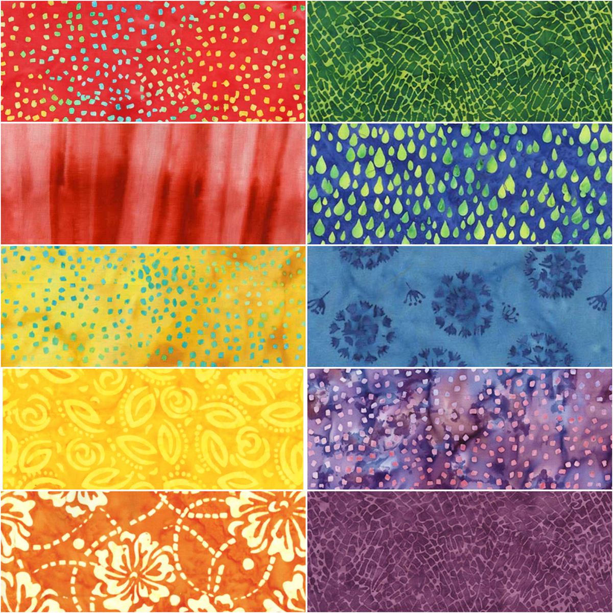 Anthology Batiks "Rainbow" Half-yard Bundle - 10 Fabrics, 5 Total Yards