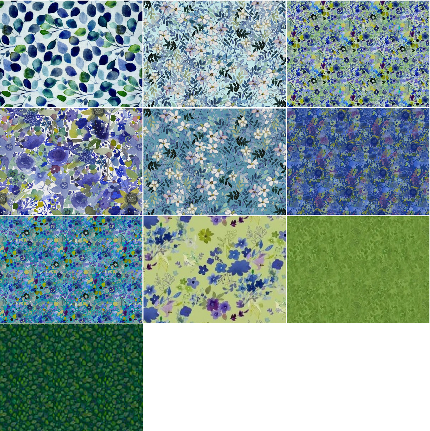 Clothworks "Blue Meadow" (Green/Blue) Half-yard Bundle - 10 Fabrics, 5 Total Yards