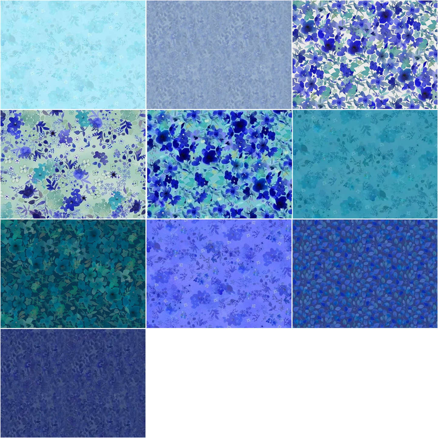 Clothworks "Blue Meadow" (Teal/Blue) Half-yard Bundle - 10 Fabrics, 5 Total Yards