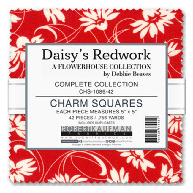 Charm Pack 5x5 Squares - Robert Kaufman "Daisy's Redwork" - 40 5" Squares