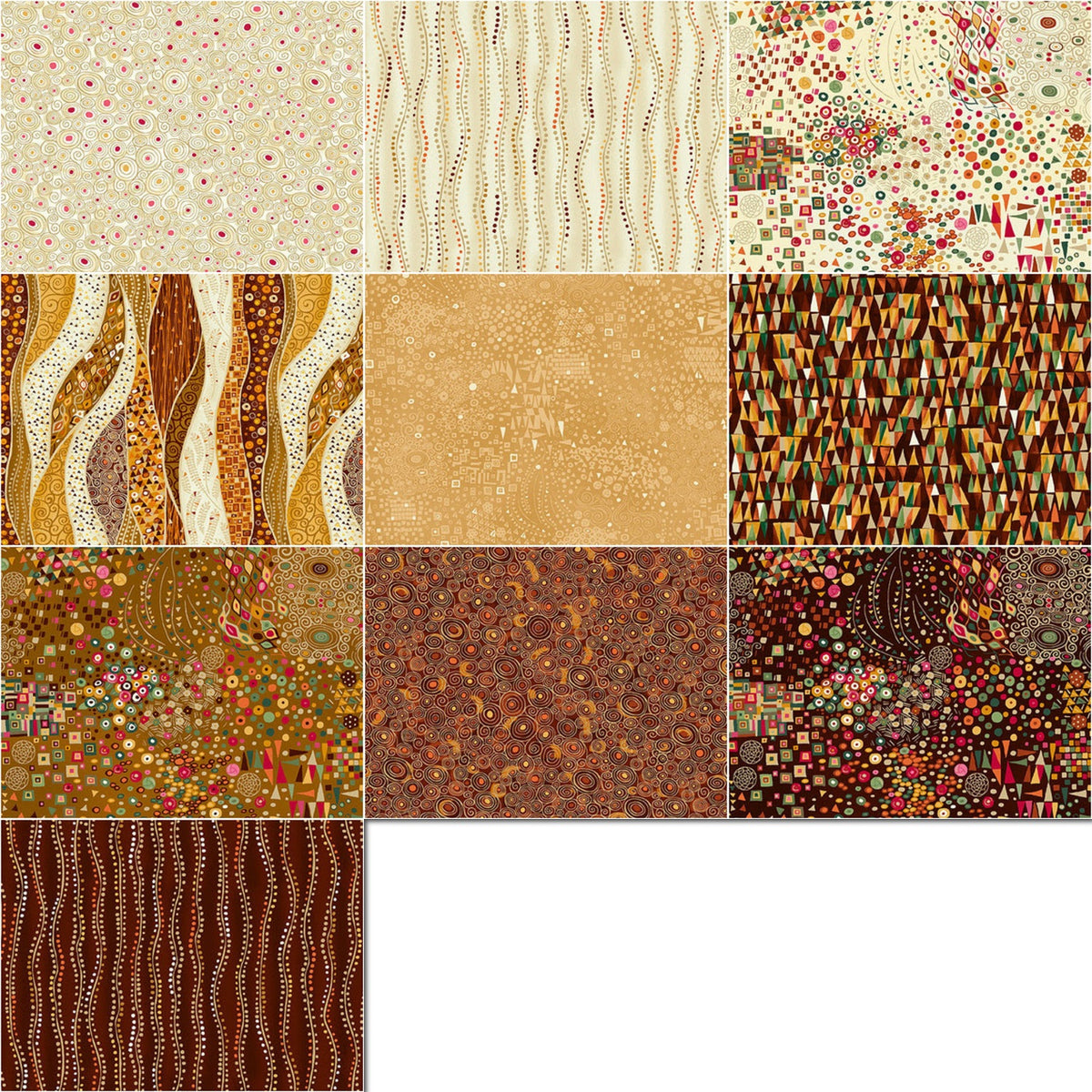 Andover "Golden" (Brown/Tan - Metallic Accents) Half-yard Bundle - 10 Fabrics, 5 Total Yards