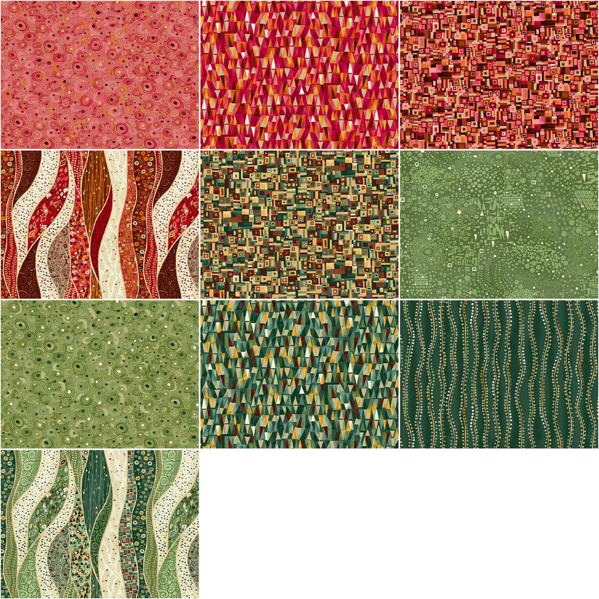 Andover "Golden" (Green/Red - Metallic Accents) Half-yard Bundle - 10 Fabrics, 5 Total Yards