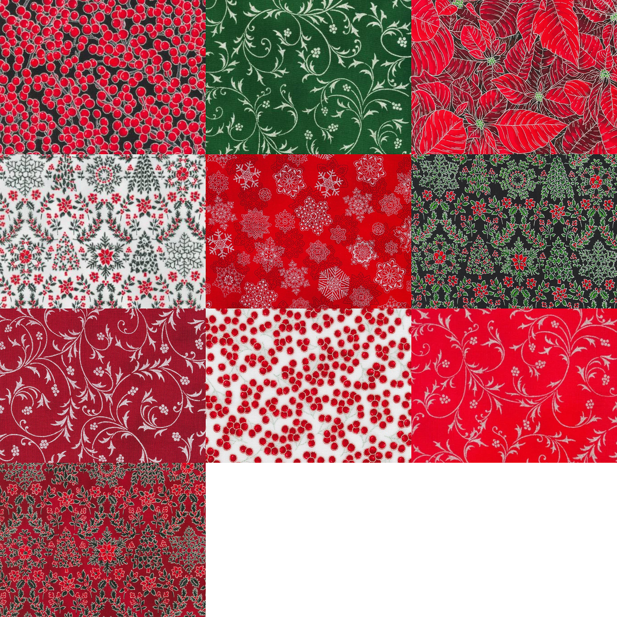 Half-Yard Bundle - Robert Kaufman "Holiday Flourish Snow Flower" Red/Silver (Metallic Accents) - 10 Fabrics, 5 Total Yards