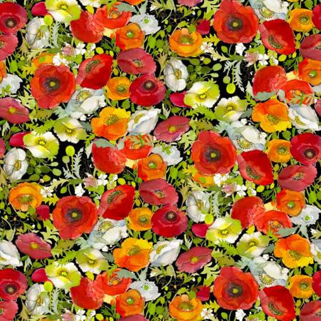 (1.5 yd) Clothworks Poppy Dreams 3990-3 Black Poppy Trellis