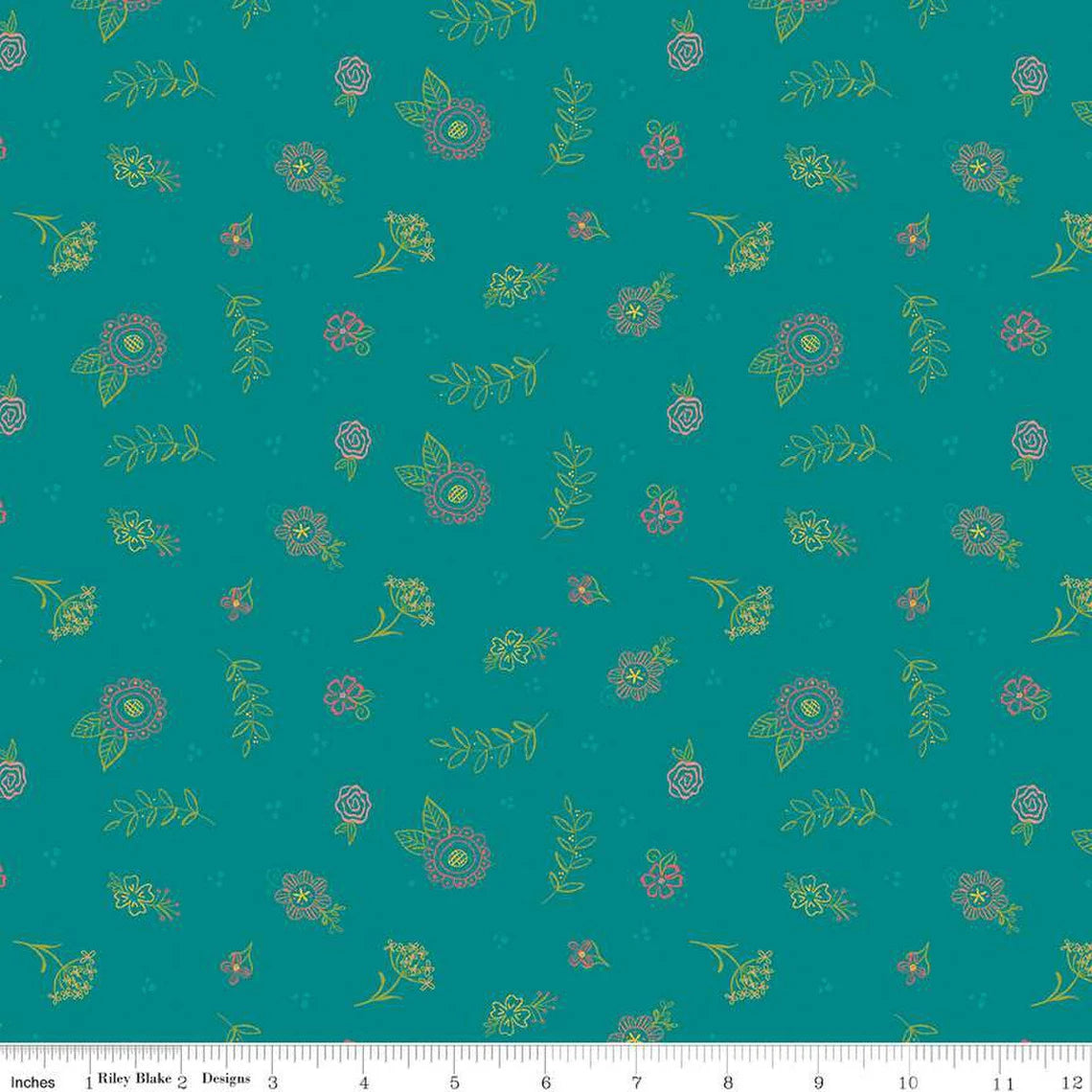 (4.5 yd) Riley Blake Market Street Teal C14126 Embroidery