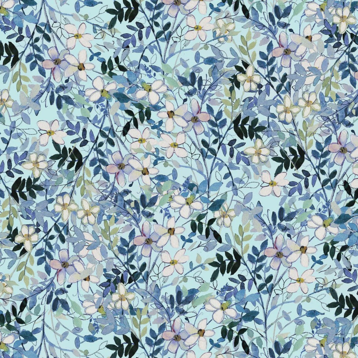 Clothworks "Blue Meadow" (Green/Blue) Half-yard Bundle - 10 Fabrics, 5 Total Yards