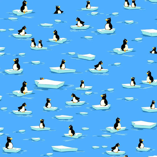(4.5 yd) Clothworks Burr The Polar Bear SB20398-725 Sky Blue Penguins