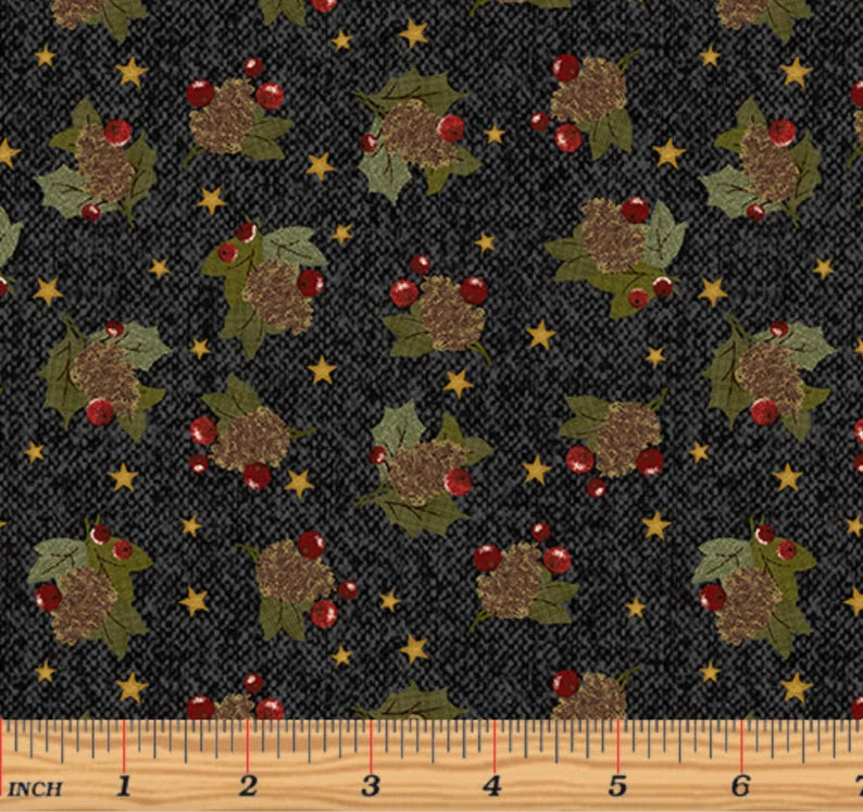 (6 yd) Benartex A Very Wooly Winter Pine Berries Black 10365-12