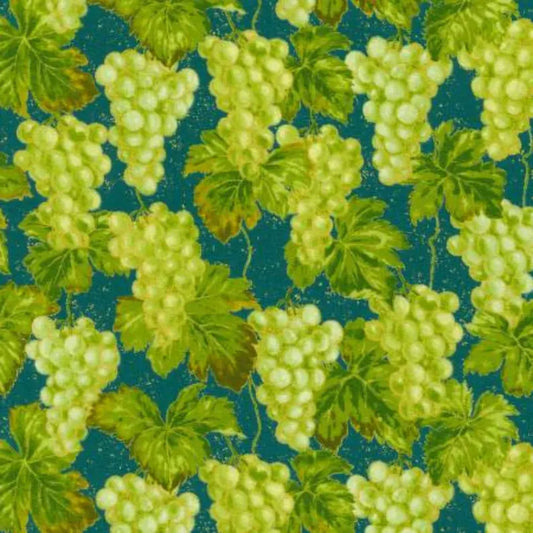 (5 yd) Robert Kaufman Nature's Harvest SRKM-20906-213 Teal Grapes (Metallic Accents)