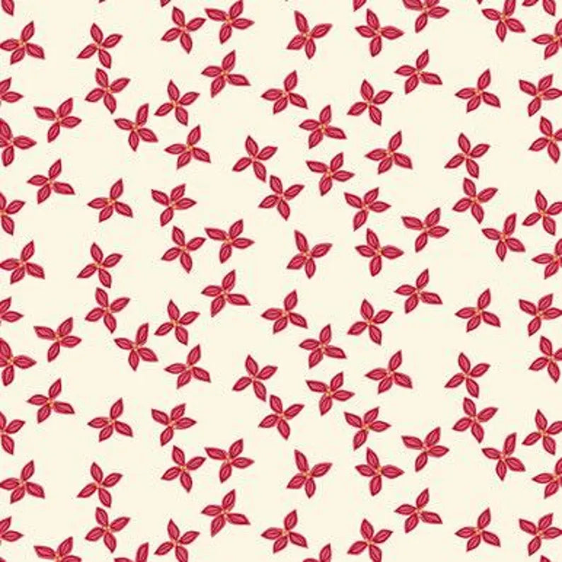 (4 yd)  Andover/Makower UK Bird Humbug 176-MLR Poinsettia Cranberry On Cream