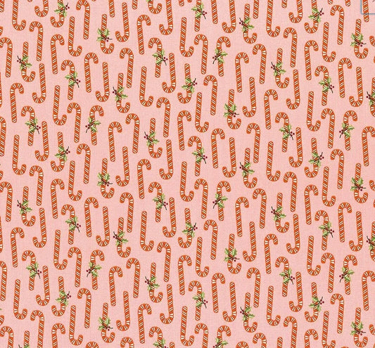 (4.5 yd) Andover/Makower UK Retro Ho Ho 577-E Pink Taffy Candy Canes