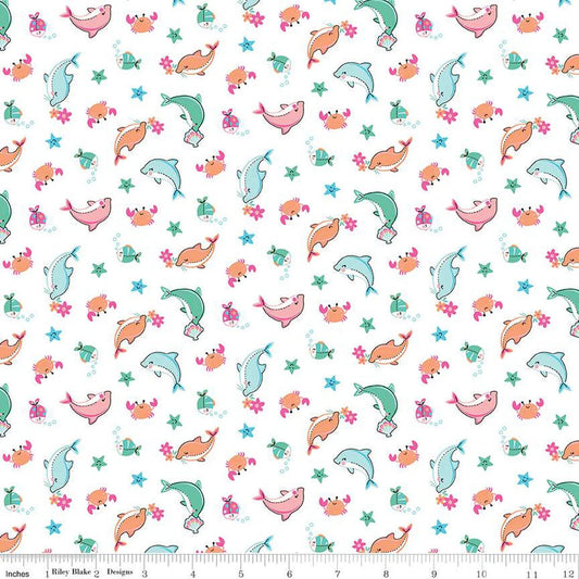 (3.5 yd) Riley Blake Mer-Mazing C14191 Dolphins White