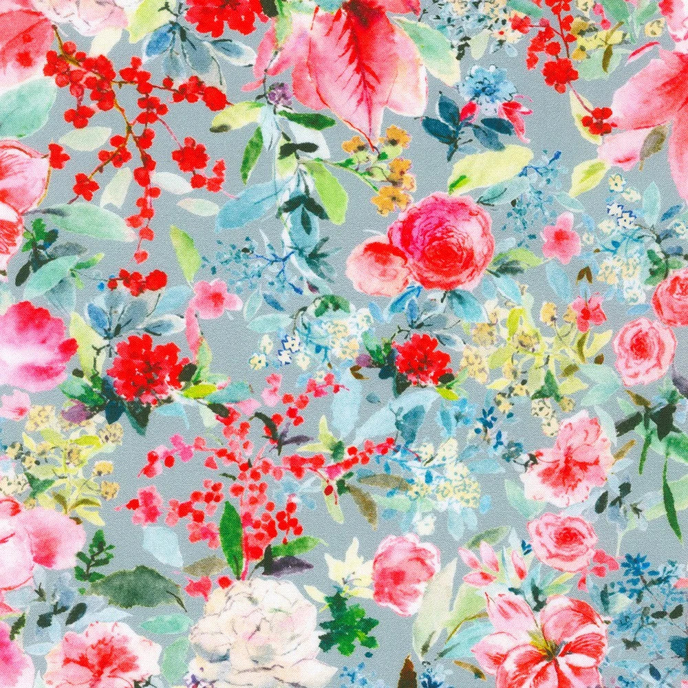 (4 yd) Robert Kaufman Yuletide Bouquet Gray AVMD-21782-12 Watercolor Bouquet
