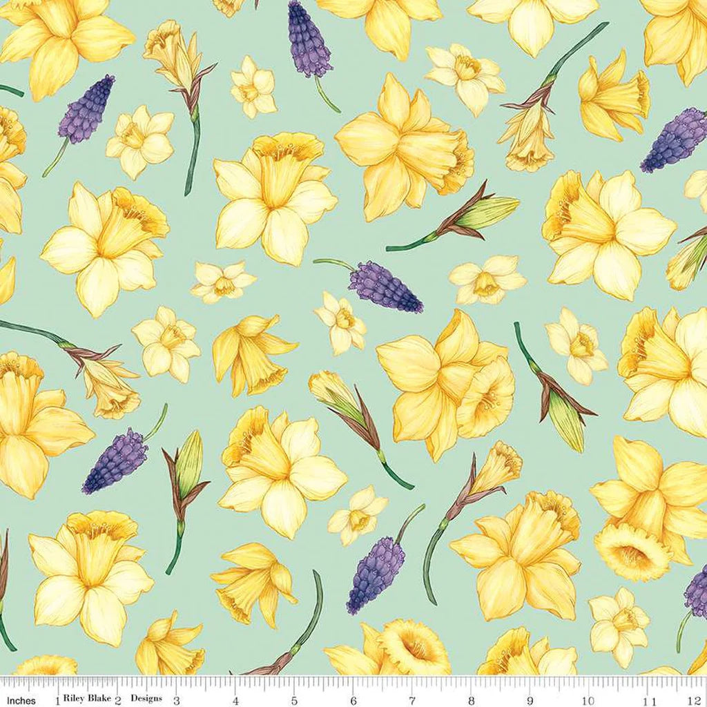 (4.5 yd) Riley Blake Hester & Cook C13927 Mint Daffodil/Bluebonnet