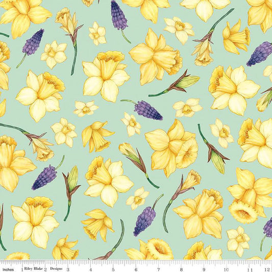(4.5 yd) Riley Blake Hester & Cook C13927 Mint Daffodil/Bluebonnet