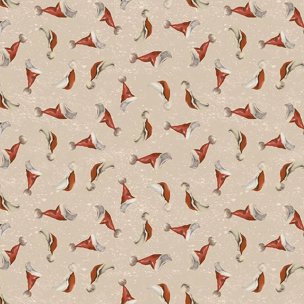 (2 yd) Clothworks Better Not Pout Y3786-61 Light Taupe Santa Hats