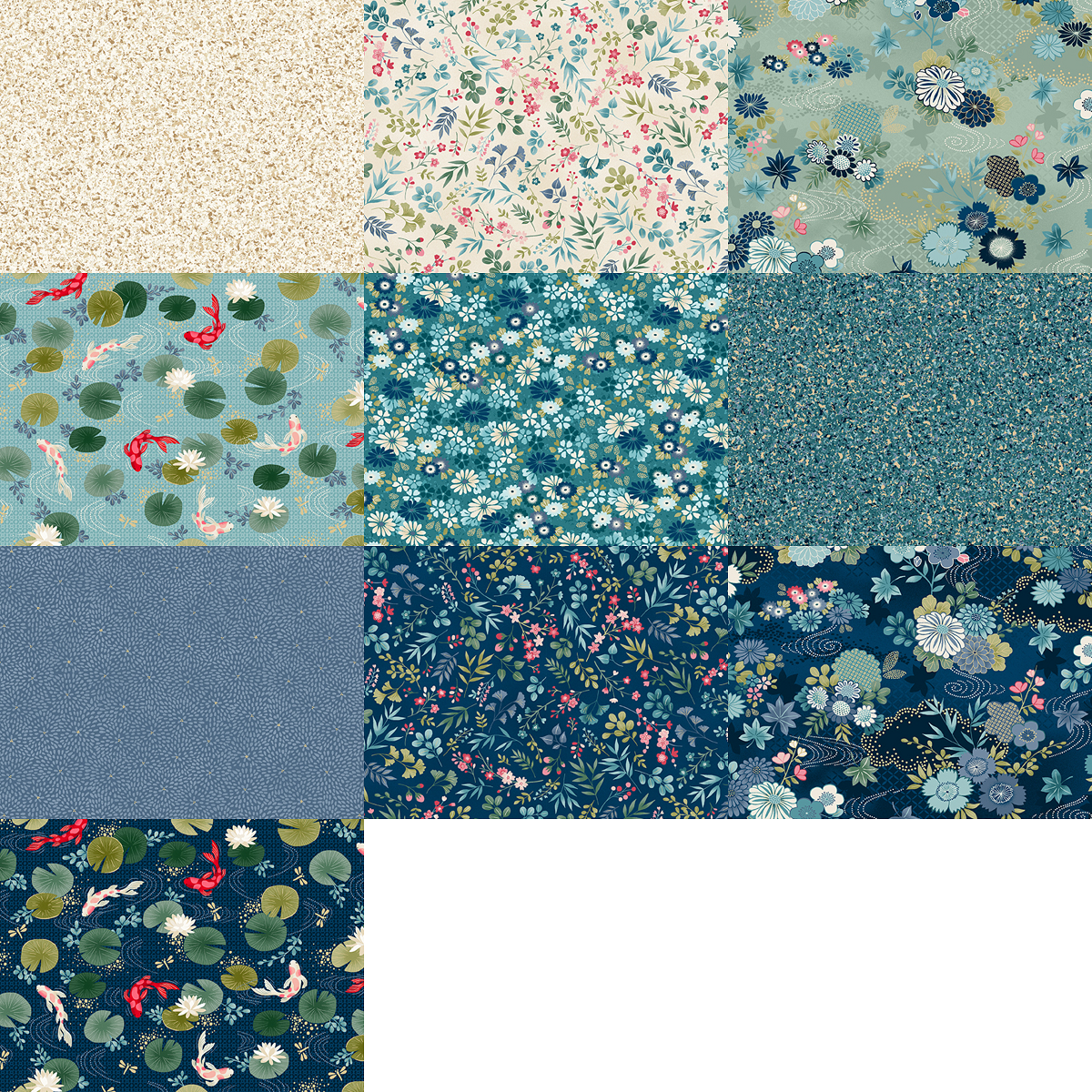 Andover "Kasumi" Koi Fish (Metallic Accents) Half-yard Bundle - 10 Fabrics, 5 Total Yards