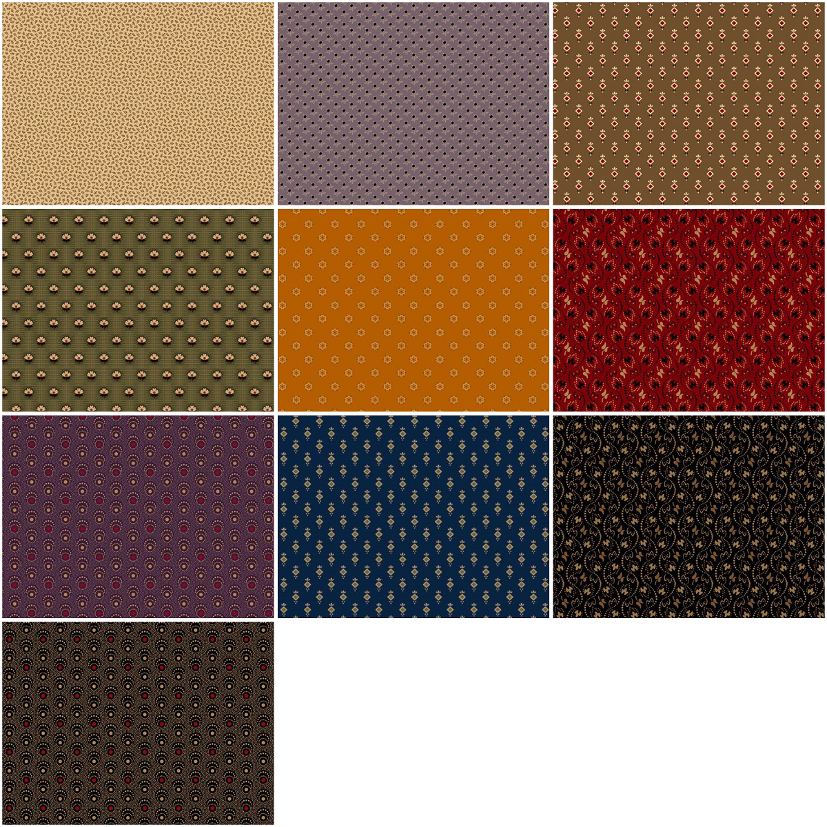 Marcus Fabrics "Piecemakers Sampler" Half-yard Bundle - 10 Fabrics, 5 Total Yards