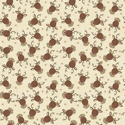 (2 yd) Benartex White Christmas Reindeer Portrait Cream 16268-07