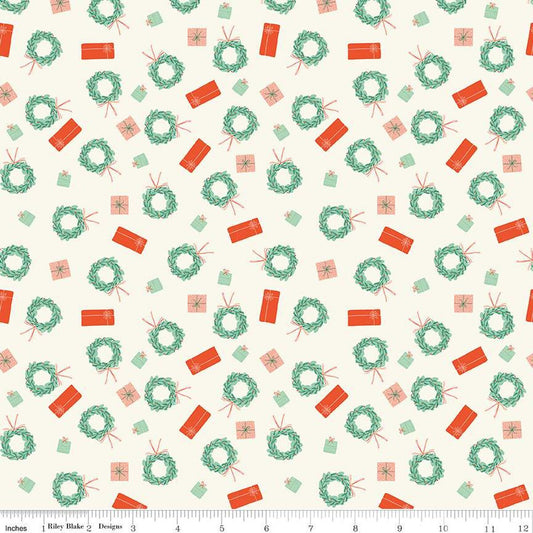 (5 yd) Riley Blake Holiday Cheer 13614 Cream Wreaths