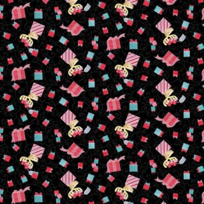 (4 yd) eStudio 12 Days Of Christmas Tossed Presents Black 6285-99