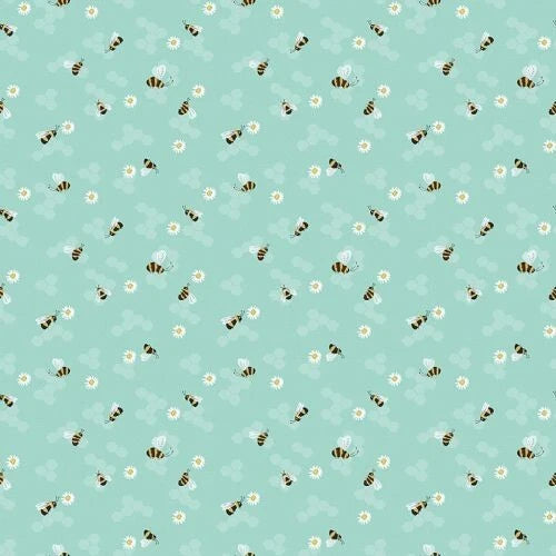 (5 yd) Clothworks Springtime Light Teal Bees Y3774-103