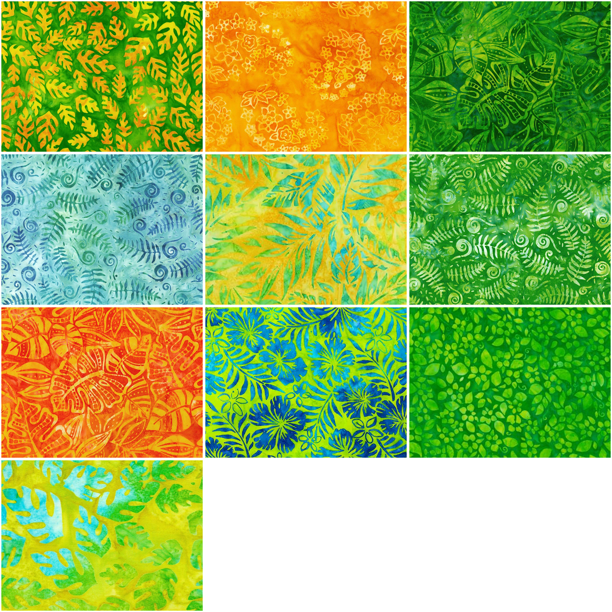 Robert Kaufman Artisan Batik "Totally Tropical" (Citrus/Green) Half-yard Bundle - 10 Fabrics, 5 Total Yards