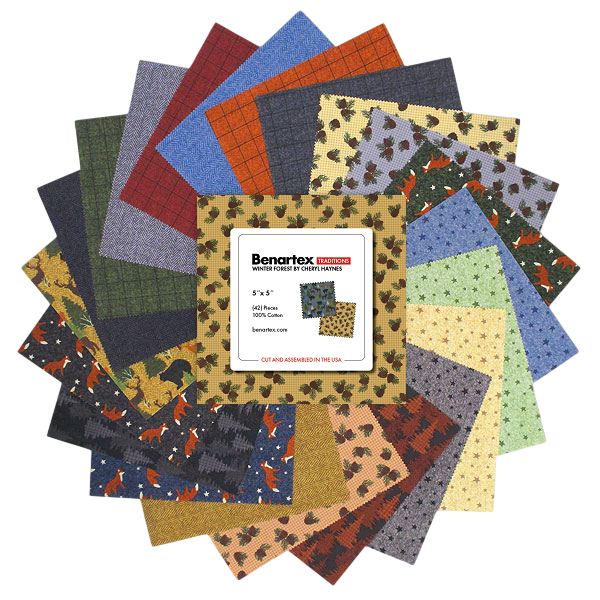 Charm Pack 5x5 Squares - Benartex Winter Forest (Bear, Moose, Fox)  - 40 5" Squares