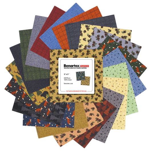 Charm Pack 5x5 Squares - Benartex Winter Forest (Bear, Moose, Fox)  - 40 5" Squares