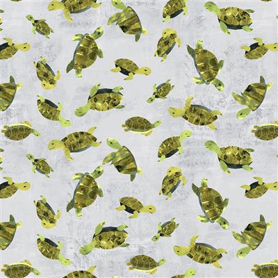 (5 yd) Clothworks Summer Splash Mist Gray Turtles Y4101-116