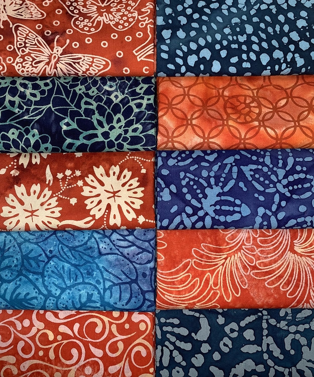 Red & Blue Batik Half-yard Bundle - 10 Fabrics, 5 Total Yards