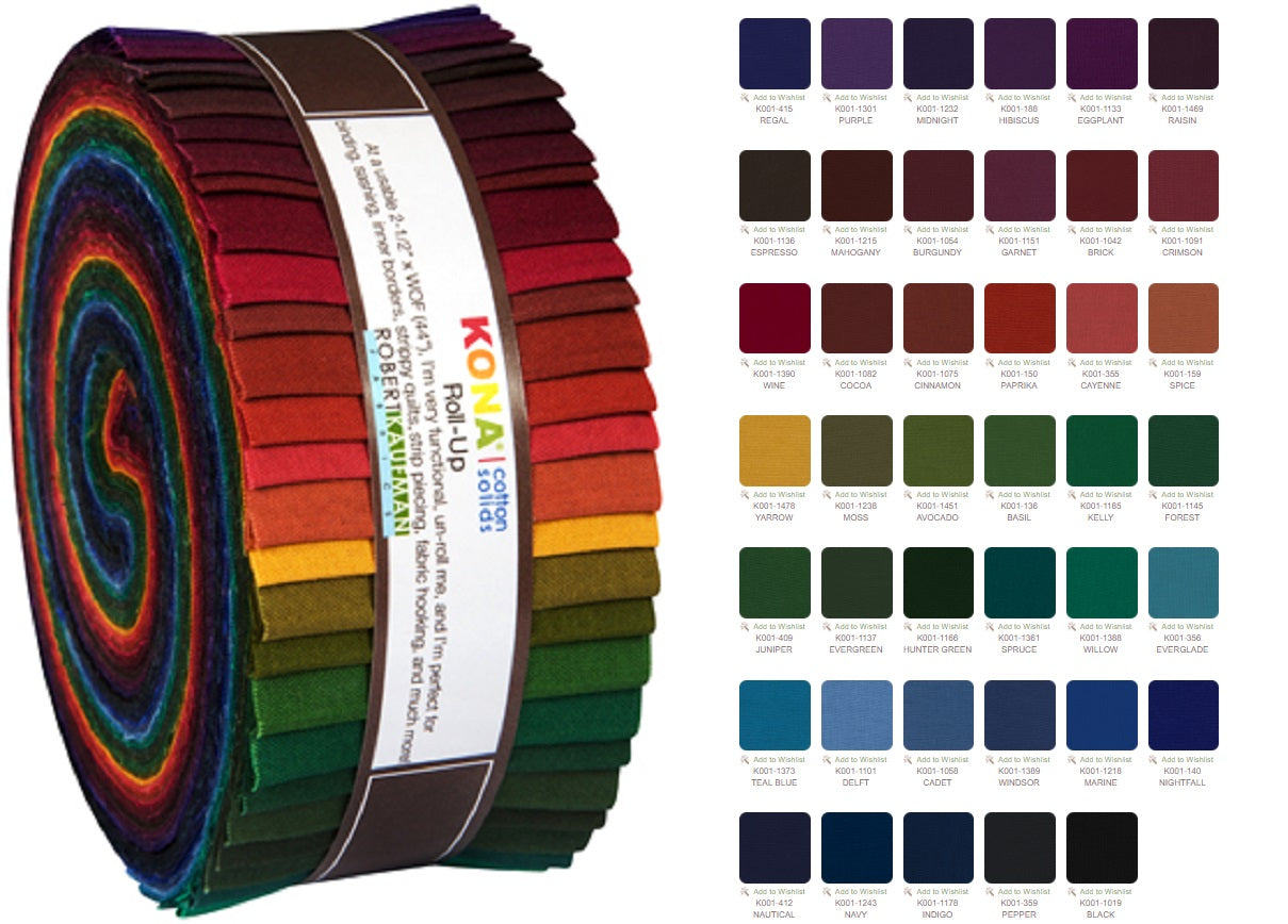 Robert Kaufman Fabrics RU-232-41 Kona Cotton Solids New Dark Roll Up 41  2.5-inch Strips Jelly Roll Assorted Single